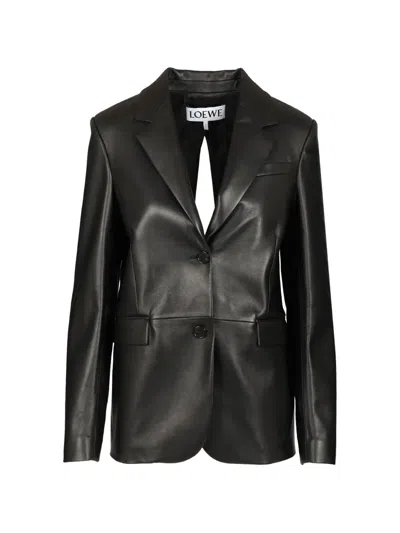 Loewe Leather Blazer With Notch Lapel And Tie Detail In Black