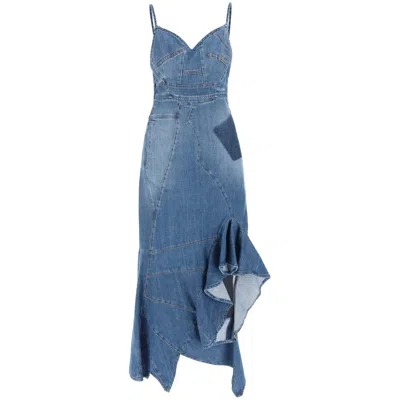 Loewe Ladies Blue Denim Asymmetric Denim Ruffle Dress