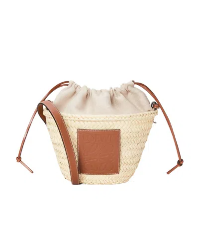 LOEWE DRAWSTRING BUCKET BAG IN PALM LEAF AND CALFSKIN