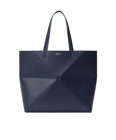 Loewe Large Horizontal Puzzle Fold Tote In Soft Grained Calfskin In Blue