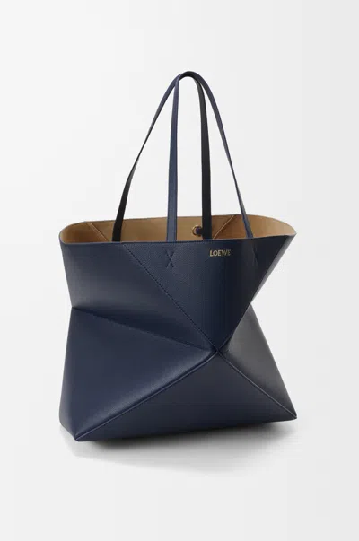 Loewe Large Horizontal Puzzle Fold Tote In Soft Grained Leather Skin For Woman In Blue