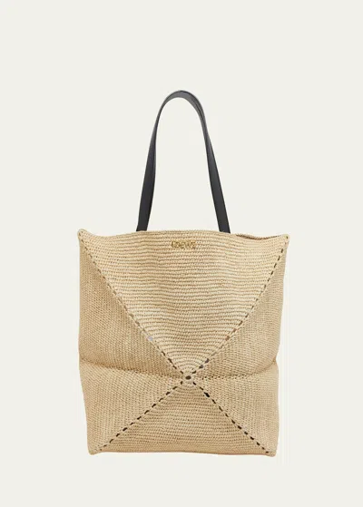 Loewe Large Puzzle Fold Tote Bag In Raffia In 2165 Naturalblack