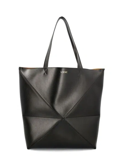 Loewe Large Puzzle Fold Tote In Shiny Calfskin In Black