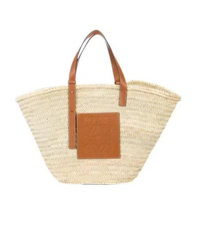 LOEWE LARGE BASKET BAG IN PALM LEAF AND CALFSKIN