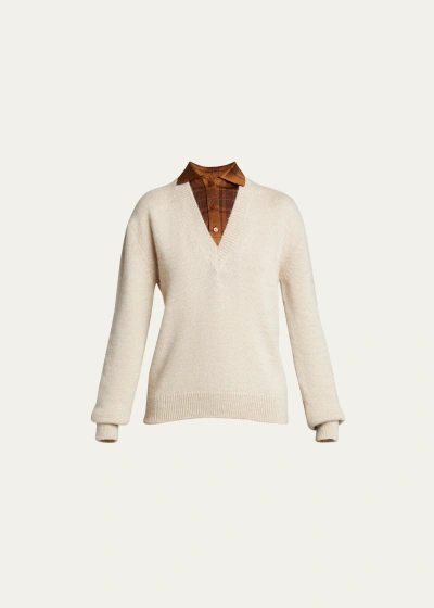 Loewe Layered Plaid Shirt Wool Sweater In Beige Brow