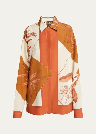 Loewe Leaf Print Boxy Silk Blouse In Brown