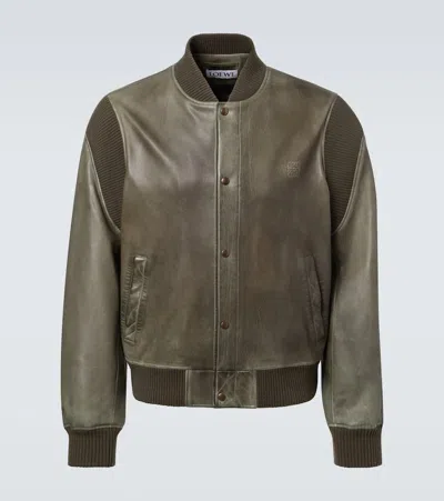 Loewe Mens Khaki Green De-bossed Logo Ribbed-trims Leather Bomber Jacket