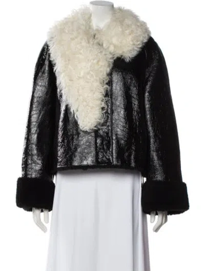 Pre-owned Loewe Leather Colorblock Pattern Faux Fur Jacket In Black