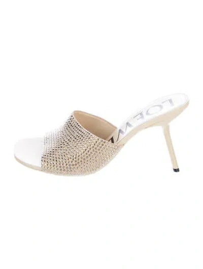Pre-owned Loewe Leather Crystal Embellishments Slides In Neutral