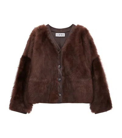 Loewe Leather Fur-covered Cardigan In Brown