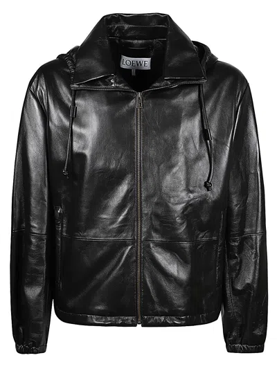 Loewe Leather Hooded Jacket In Black