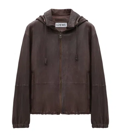 Loewe Leather Hooded Jacket In Brown