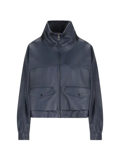 Loewe Double Layered Leather Zip Jacket In Blue