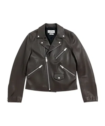 Loewe Leather Jacket, Brown, Nappa Leather Biker Jacket In Oxblood In Black