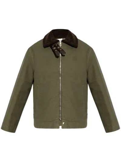 Loewe Shearling And Leather-trimmed Garment-dyed Cotton-twill Jacket In Khaki Green