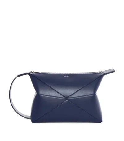 Loewe Leather Puzzle Fold Wash Bag In Blue