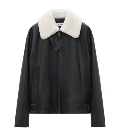 Loewe Leather Shearling-collar Aviator Jacket In Black