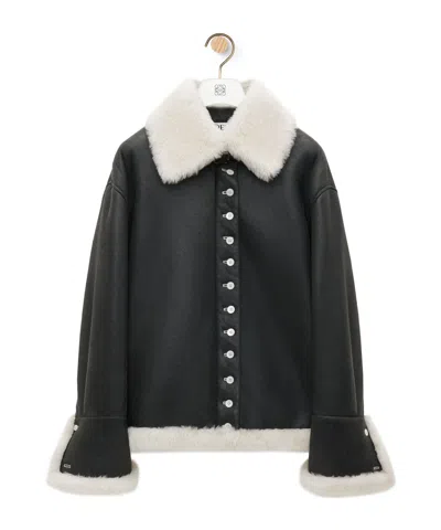 Loewe Buttoned Shearling Leather Jacket In Black