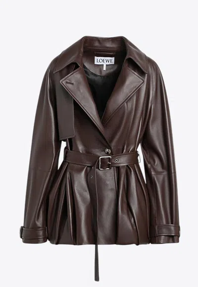 Loewe Leather Short Coat With Belt In Brown