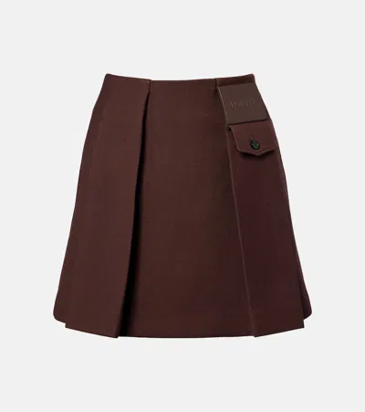Loewe Leather-trimmed Pleated Wool And Silk Miniskirt In Brown
