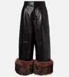 Loewe Turn-up Shiny Leather Wide-leg Ankle Trousers With Lamb Shearling Cuffs In Black