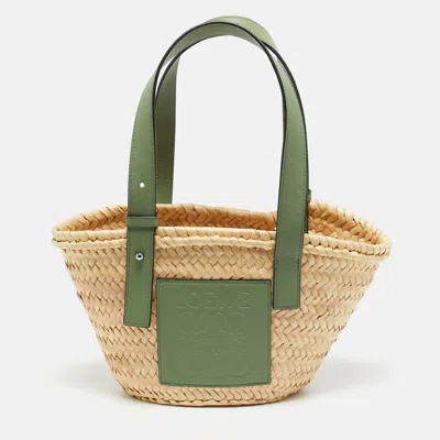 Pre-owned Loewe Light Green/cream Raffia And Leather Small Basket Tote