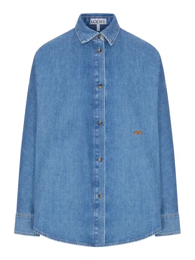 Loewe Lightweight Washed Cotton Denim Shirt With Batwing Sleeves In Blue