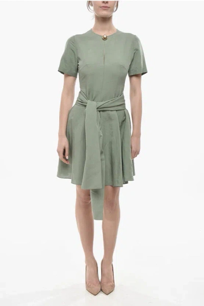 Loewe Linen-blend Midi Dress With Front Knot In Green