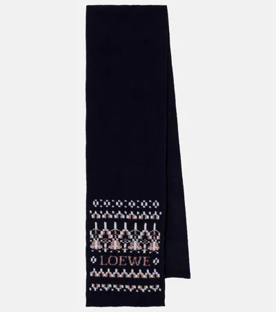 Loewe Womens Navy/multicolor Logo Intarsia Wool-blend Scarf In Blue