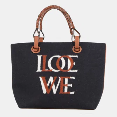 Pre-owned Loewe Logo 2-way Tote Bag Navy Wool Leather In Blue