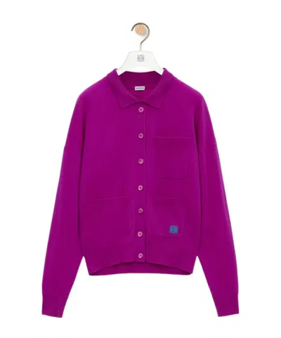 Loewe Logo Embroidered Button-up Cardigan In Purple