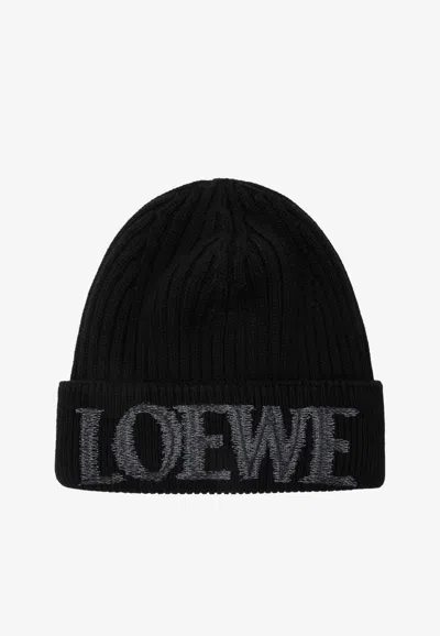 Loewe Logo Embroidered Wool Knit Beanie In Black