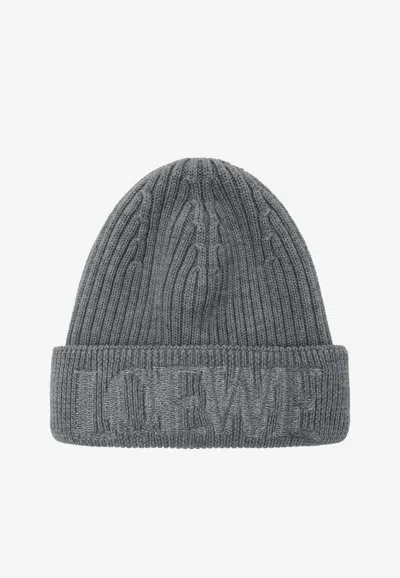 Loewe Logo Embroidered Wool Knit Beanie In Green