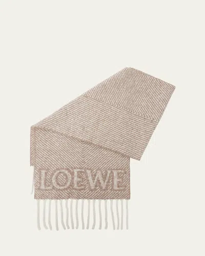 Loewe Logo Fringe Wool-blend Scarf In Beige/ecru