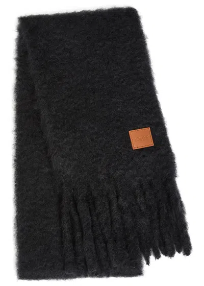 Loewe Logo Fringed Brushed Mohair-blend Scarf In Black