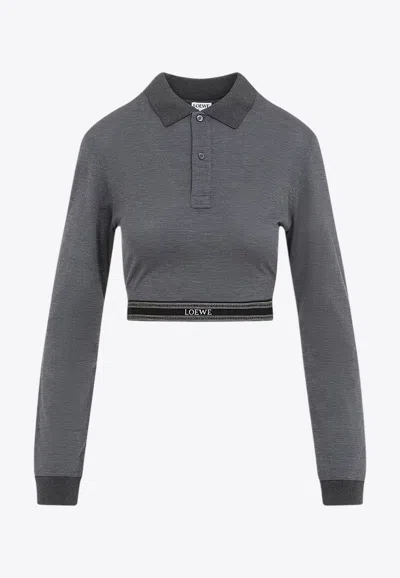 Loewe Logo Long-sleeved Cropped Polo In Grey