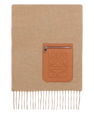Loewe Logo-patch Fringed Scarf In Brown