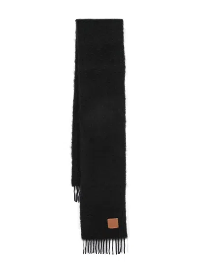 Loewe Leather-patch Wool-blend Scarf In Black