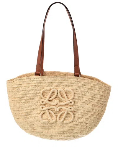 Loewe Logo Raffia & Leather Tote In Brown