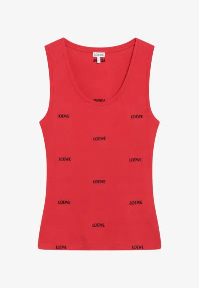 Loewe Cotton Tank Top With All-over Embroidered Logo Lettering In Red