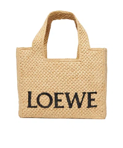 Loewe Mini Signature Font Raffia Tote Bag In Brown