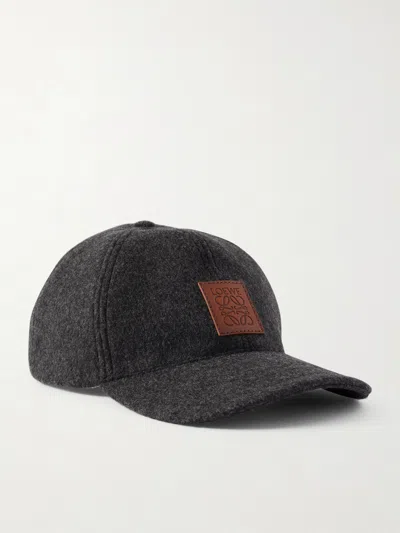 Loewe Logo-appliquéd Leather-trimmed Wool-blend Baseball Cap In Black