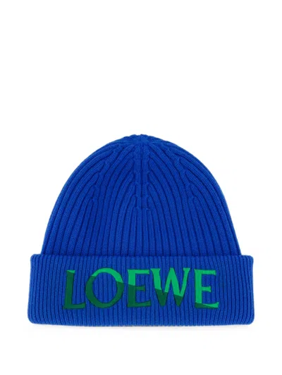 Loewe Logo-embroidered Ribbed-knit Beanie Hat In Blue