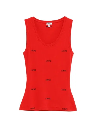 Loewe Cotton Tank Top With All-over Embroidered Logo Lettering In Red