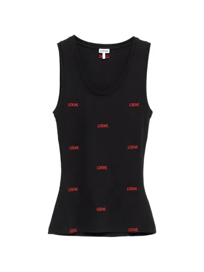 Loewe Cotton Tank Top With All-over Logo Lettering Embroidery In Black