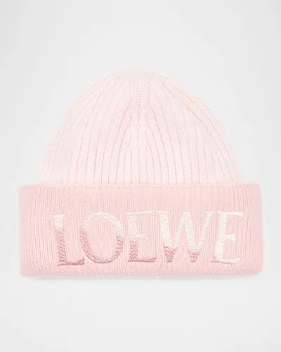 Loewe Logo-embroidered Rib-knit Beanie In Pink
