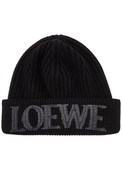 Loewe Logo-embroidered Wool Beanie In Black