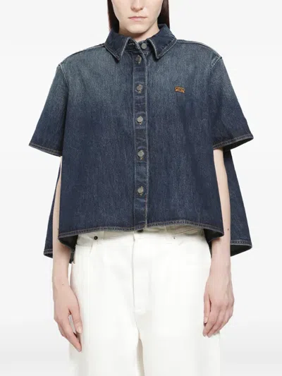Loewe Short-sleeve Denim Trapeze Button-down Shirt In Blue