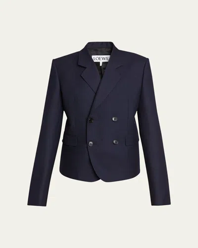 Loewe Long Double-breasted Wool Blazer In Blue