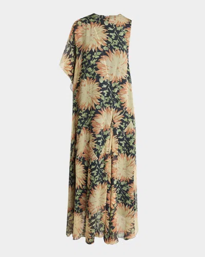 LOEWE LONG FLORAL PRINT ONE-SLEEVE CHIFFON SILK DRESS
